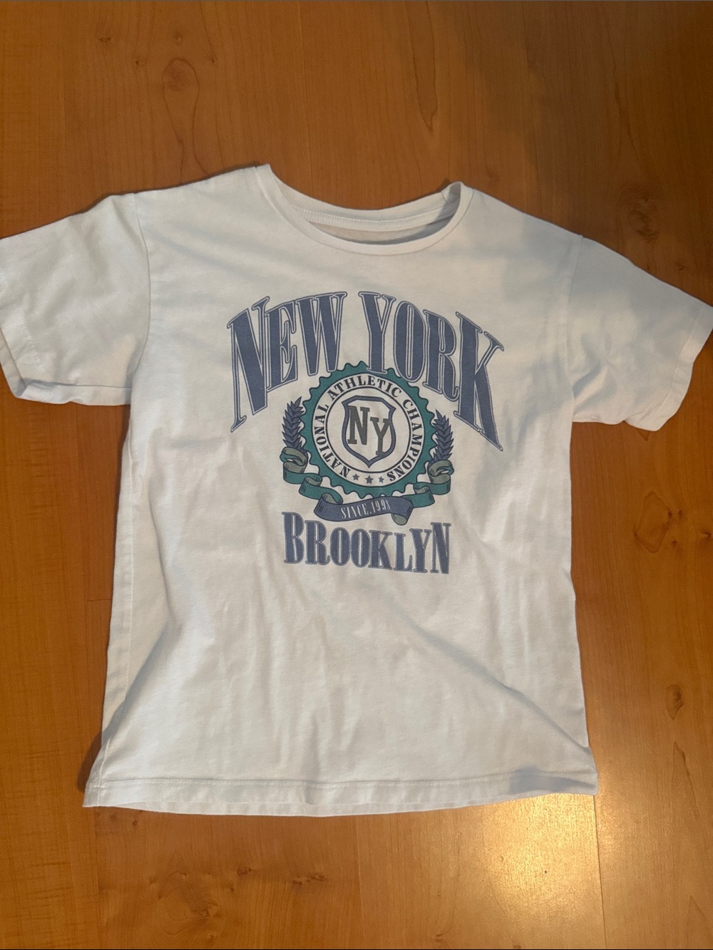 wonder nation White Tee with Blue and Teal New York Brooklyn Graphic